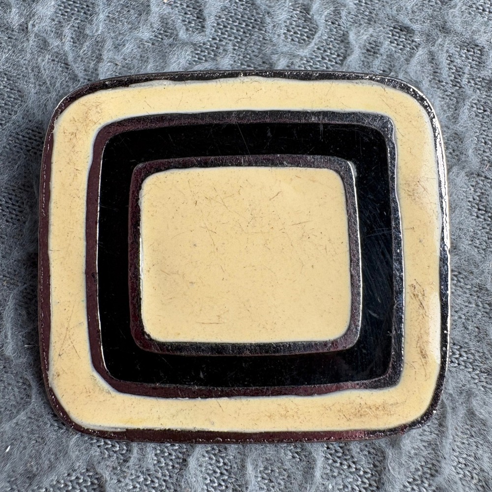 Vintage Mid Century Modern Square Enamel Brooch Cream Black Geometric Pin